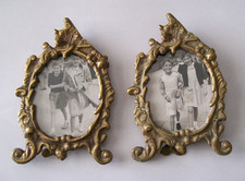 NICE PAIR VINTAGE MINIATURE BRASS ART NOUVEAU INSPIRED EASEL FRAMES PHOTOGRAPHS