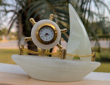 Natural Onyx Marble Ship Clock New Marble Onyx Stone Table Watch Hand Crafted