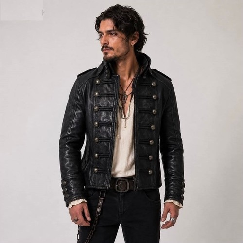 Black military leather jacket - black,