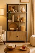 Industrial Style, Stable Steel Structure Storage Shelf with Doors, Toasted Oak