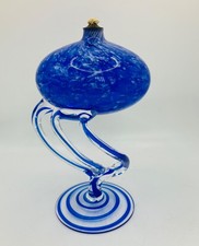 Stunning Hand Blown Cobalt Blue Murano Style Art Glass Oil Lamp - VGC