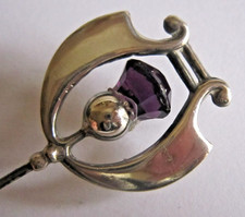 CHARLES HORNER - Lyre shaped silver & 'amethyst' fully hallmarked antique hatpin
