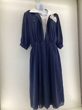 House of Fraser Women's Vintage Navy Blue Midi Dress White Collar 3/4 Sleeve
