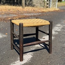 Vintage Beech Stool Rush Seated Footrest Rustic Farmhouse Footstool Solid Wood