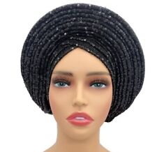 African Women Elegant auto gele, Black Sequin Ready to wear 