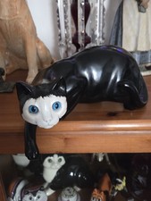 Vintage Pottery Black White Cat Figurine Blue Eyes Hand Painted Signed
