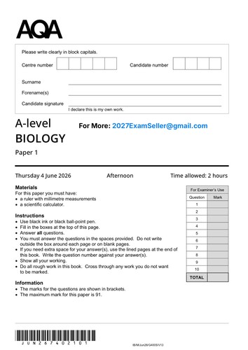 Aqa level biology june 2026 - a,