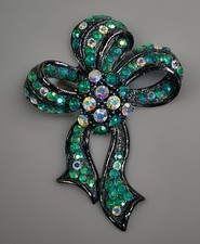 Women’s Large Bow Brooch Green & Clear AB Rhinestone Black Tone Ribbon Gothic