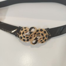 Snake Buckle Belt Black Gold 33 Inches Thin Jewelled Serpent Clasp