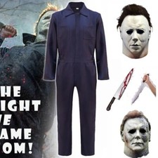 Halloween Men Michael Myers Navy Jumpsuit Boiler Suit Fancy Dress Mask Costume 