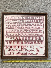 Antique Small Framed 19thC Red Wool Cross-stitch Sampler  1896 Rhoda M Taylor 
