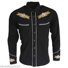 Relco Black Yellow Rockabilly Biker Western Skull Flamed Embroidered Shirt