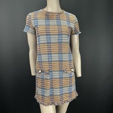 ZARA Trafaluc Tweed Mini Dress Houndstooth Plaid Pearl Pocket Detail Size S
