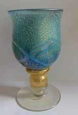 Vintage Isle Of Wight Studio Glass Blue Golden Peacock Goblet