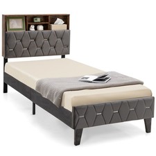 Single Size Bed Frame Upholstered Platform Bed Slat Support W/ Storage Headboard