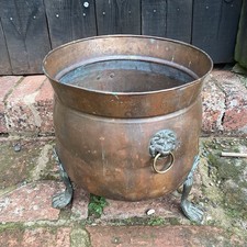 Large old  vintage Copper Cauldron Planter with Brass Lions Mask Paw Feet 