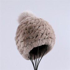 Luxury Women Rex Rabbit Hair Beanie Hats Lady Winter Warm Cap With Fox Pom Pom