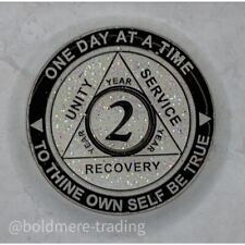 2 Year Alcoholics Anonymous Medallion White Silver Plated AA Sobriety Chip Coin