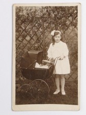 Young Girl With Pram Doll Teddy Bear Garden c1920s VTG Real Photo Postcard