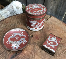 Vintage Cloisonné box ashtray matchbox cover 3pc set imperial dragon 1920/30's