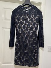 Zara Dress Medium UK 10 Black Lace Over Nude Long Sleeves Side Zip