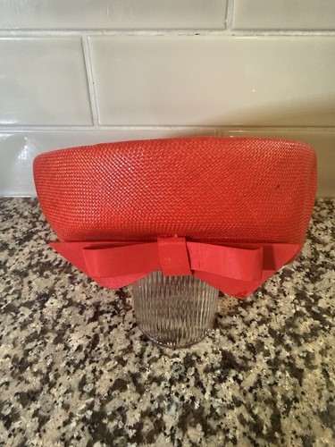 Vintage red straw pillbox hat - straw,
