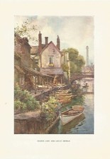 ENGLAND CAMBRIDGE FISHER LANE AND GREAT BRIDGE BOAT RIVER  COLOUR PRINT 1930