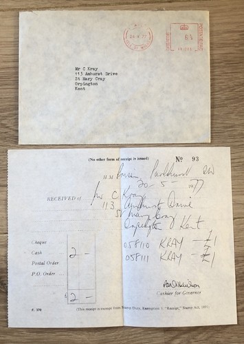 Receipt charlie kray - to, for