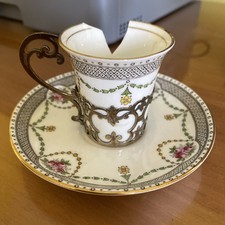 Aynsley Demitasse Coffee Can / Cup, Silver Holder & Saucer. Green Backstamp