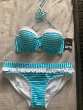 KELLY BROOK / NEW LOOK TURQUOISE /WHITE STRIPE BIKINI SIZE 36D TOP 14 BOTTOMS