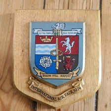 Vintage Wooden Biggen Hill Airport International Air Fair Plaque Shield Crest
