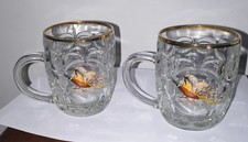 VINTAGE Gilt Gold Rim Half Pint Bubble Glass Tankard Flying Pheasant x 2