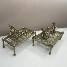 2 Brass Teacher Student On Charpai Figurine Sculpture  Showpiece LOT Dokra