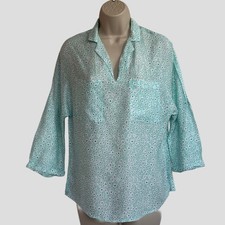 Promod Women’s Turquoise Floral Blouse Size S Lightweight Summer Top Boho Collar