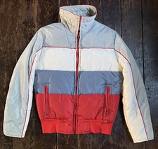 Vtg 80s Silver Metallic Stripe Sport Snow SKYR Goose Down Jacket Coat S 8 10 12