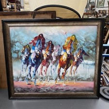 Abstract Oil Painting On Canvas Horse Racing Signed Framed
