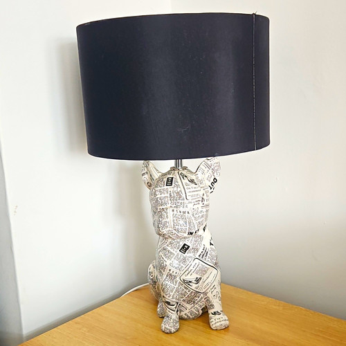 Dog table lamp with - table, newspaper