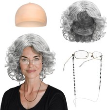 Old Lady Fancy Dress Set,Grey Granny Wig Set with Granny Wig Glasses with Chain 