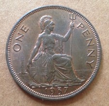 1937 George VI one penny coin - very high grade