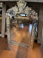 Venetian Style Etched Glass Wall Mirror Beveled Floral Design Crest Vintage Look
