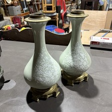Antique Pair French Celadon Porcelain Vase Table Lamp Gilt Bronze 19th Century