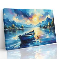 Row Boat Blue Sea Sky Scenic Landscape Painting Canvas Print Wall Art Poster