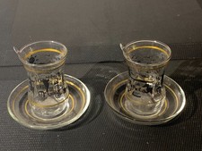 Set of 2 Vintage Gold & Black Turkish Tea -Espresso Glass Saucers & spoons