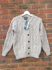 aran Woollen Mills 100% Pure New wool fawn beige cardigan jacket pullover BNWT