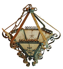 Antique twisted iron metal and glass hanging basket light lantern candle