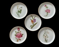  Set of 5 - Furstenberg Germany Vintage Flower Round Gold Leaf Trinket Plates 