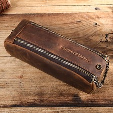 Pencil Case Vintage Crazy Horse Leather Dual Zipper High Capacity 