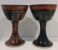 2 x Lovely Studio Pottery Goblets Chalice Cup Wine Handmade Pair Set Of Two