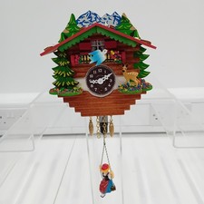 Vintage Swiss Chalet Small Wind-Up Cuckoo Wall Clock Deer Bird Trees Key FLT30-T