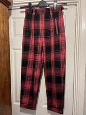 Top Shop Pink Red Black Checked Tartan Trousers Turn Up Cropped Tailored 6 34 2
